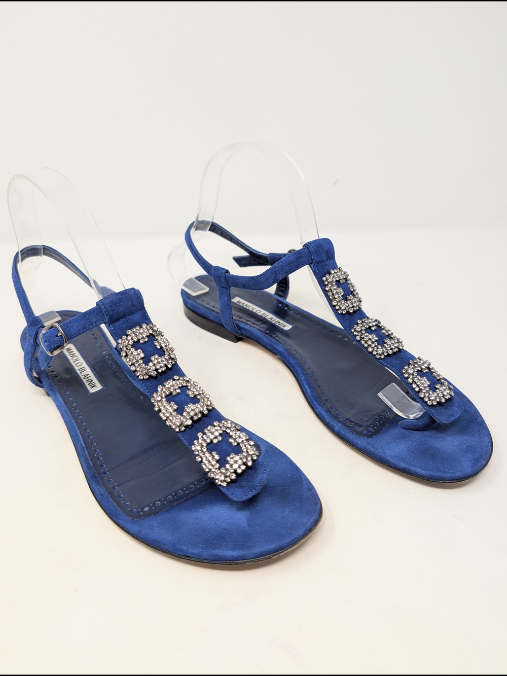 Manolo Blahnik Ottolina Blue Suede Crystal T Strap Flat Thong Sandals Size 41
